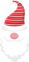 Close up of Santa Claus's face featuring a large white beard, a pink nose, and a distinctive red and white striped Christmas hat, evoking the festive spirit of Christmas vector
