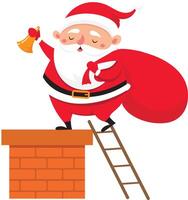 Santa Claus with red clothes, white beard and gifts bag is standing on a chimney with a wooden ladder and ringing a bell during Christmas time vector