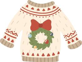 Warming up winter celebrations with a cozy wool sweater featuring a red bow and green wreath adorned with colorful baubles, perfect for Christmas and New Year's festivities vector