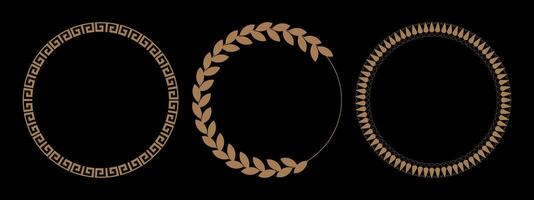 Set of golden laurel wreaths. Laurel wreaths on black background, victory icons. Decorative luxury frame set. Vintage Grek circle frames. Wedding banner, label, card, geometric background vector