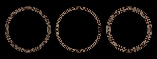 Collection of decorative gold round frames for design with Greek key, meander. Circle frame. Egyptian, Assyrian, Greek motif circular frame. Template for textiles, engraving, forging, embroidery vector