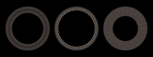 Collection of decorative luxury gold round frames for design. Circle gold modern frame. Egyptian, Assyrian, Greek motif circular frame. Template for textiles, engraving, forging, embroidery, porcelain vector