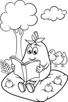Pear Character Reading Book Underneath Tree, Coloring Page vector