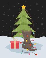 The kitten looks at the Christmas tree. Cute cat near the New Year tree.Christmas card with cat, kitten. Happy holidays. Greeting concept. Ideal for print, postcard or label. New Year card. vector