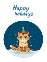 Christmas card with cat, kitten. Happy holidays. Greeting concept. Ideal for print, postcard or label. New Year card. vector