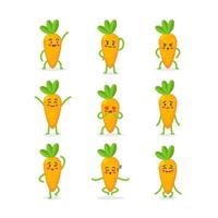 Cute set of carrot mascot in different poses in flat style. Motion and emotion animation. Cheerful, thoughtful, angry, happy, in love, sad, crazy, sleepy, crying vector