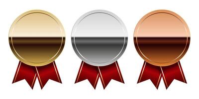 Golden silver and bronze glossy mirror medal with red ribbons for challenge vector