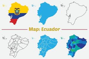 Ecuador Map Set. Ecuador High detailed Blue map, stroke map, flag color map. vector