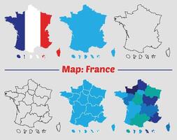 france map set. Map of France. Country map with region blue color and flag shape, stroke map. vector