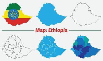 Ethiopia map set. Flat map of Ethiopia with flag shape, blue color with region and strock map. vector