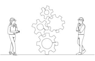 Continuous one line drawing of two young engineers looking at gear mechanism and thinking, inspection of engineering mechanism in industry concept, single line art vector