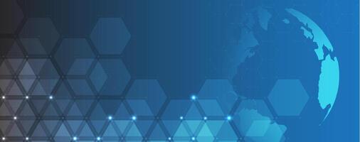 A blue background with a globe and hexagons vector
