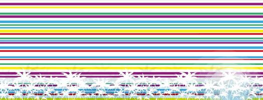 A colorful striped background with a tree and grass vector