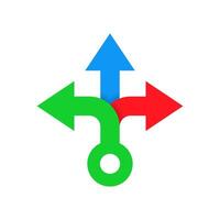 Three way direction arrow icon in flat style. 3 arrowheads sign symbol vector