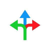 Three way direction arrow icon in flat design. Triple arrowheads sign symbol vector