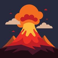 Illustrate a flat design of a volcanic mountain erupting with vibrant lava and ash clouds mountains. vector