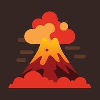 Illustrate a flat design of a volcanic mountain erupting with vibrant lava and ash clouds rising into the sky. orange and yellow color lava vector
