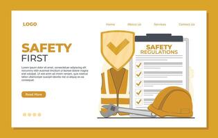 Safety first landing page template. Flat illustration of safety regulations page for web design vector