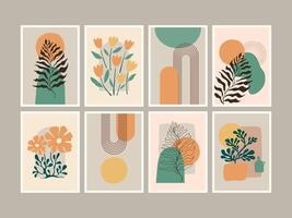 Neutral wall art set, boho line art drawing with abstract shape plant, minimalist and natural vector
