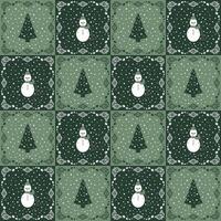 Seamless Pattern. Christmas tree, Snowman, Snow falling. Colors Green and White. vector