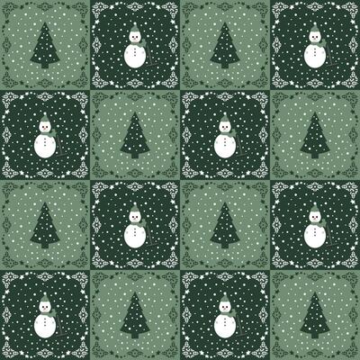 Seamless Pattern. Christmas tree, Snowman, Snow falling. Colors Green and White.