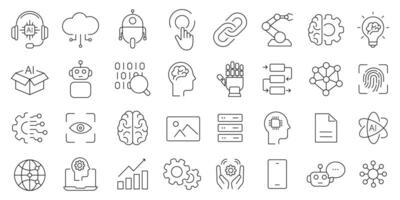 Artificial intelligence icon set. containing Technology, ai, digital, brain, chip , and more. editable stroke thin outline icon collection. vector