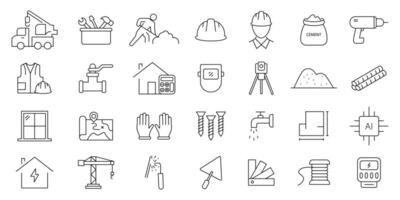 construction icon set. containing home, Construction tools, building, helmet and more. editable stroke thin outline icon collection. vector