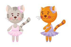 Happy cute cat, kitten character, ballet dancer in pointed shoes and tutu skirt, cartoon illustration isolated vector