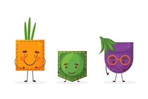 Set egglant peas onion shaped patch pocket. Character pocket egglant peas onion. Isolated on white background. vector
