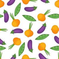 Seamless pattern with hand drawn colorful vegetables. Sketch style set. Vegetables flat icons set egglant, onion, peas. vector