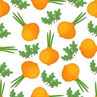 Cute smiling cartoon style onion, onion bulb vegetable characters and hearts seamless pattern background for food design. vector