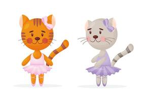 Happy cute cat, kitten character, ballet dancer in pointed shoes and tutu skirt, cartoon illustration isolated vector