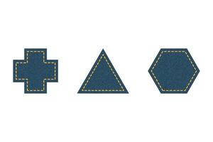 Set of blue denim patches cross triangle hexagon. Different shapes with place for your text isolated on white background vector