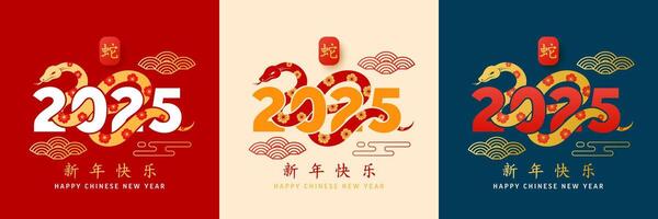 Chinese New Year 2025 Snake Theme with Gold and Red Decorative Patterns, Traditional Asian Elements, and Multicolor Background Variations for Lunar New Year Celebration vector