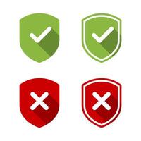 Shield check cross mark icon set in flat design. Defense, protection sign symbol vector