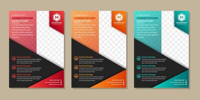 design of the black background of flyer with gradient red, orange and blue elements design and place for picture or photo. Poster template for your business. vector
