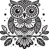 Black and white stylized owl perched on branch vector