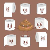 Set of toilet paper rolls in different positions. Brown poop illustration. Toilet and bathroom element. Hygiene and sanitation. illustration on mocha mousse background vector