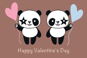 Valentine card with cute pandas and hearts. The concept of love. illustration on mocha mousse background. vector