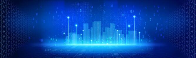 blue abstract digital city technology background with binary number system and digital world map, security, technology, financial, business vector