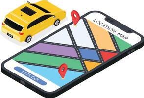 Isometric Taxi Booking App with Colourful Routes vector