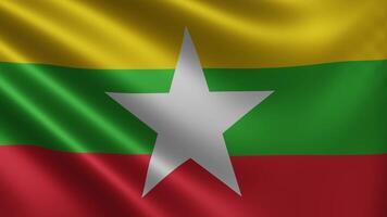 Flag Myanmar in the wind close up, national flag Myanmar flutters in 3d, in 4k video