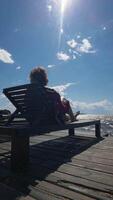 Leisurely moments by the ocean on a sunny day with gentle waves and cloudy skies. video