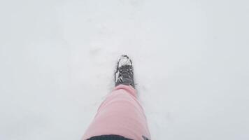 Walking through fresh snow topdown view capturing steps and nature's calm atmosphere in winter wonderland. video