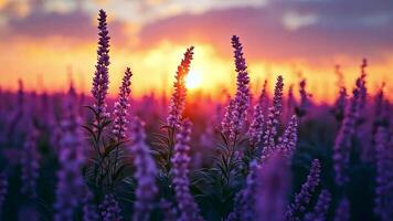 The sun sets on a field of colorful purple flowers, casting a warm glow and creating a tranquil atmosphere in the early evening. video