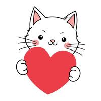 Cute little cat with red heart Valentines day doodle illustration vector