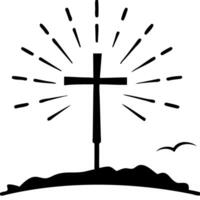 Cross Symbol with Radiant Light and Bird Silhouette on Landscape vector