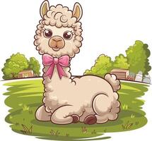 Cute Alpaca with Pink Bow in Sunny Pasture Illustration vector