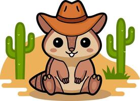 Cute Armadillo Cowboy Wearing Hat in Desert with Cacti Illustration vector