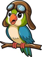 Cute Aviator Parrot Cartoon with Pilot Hat and Goggles on Branch Art vector